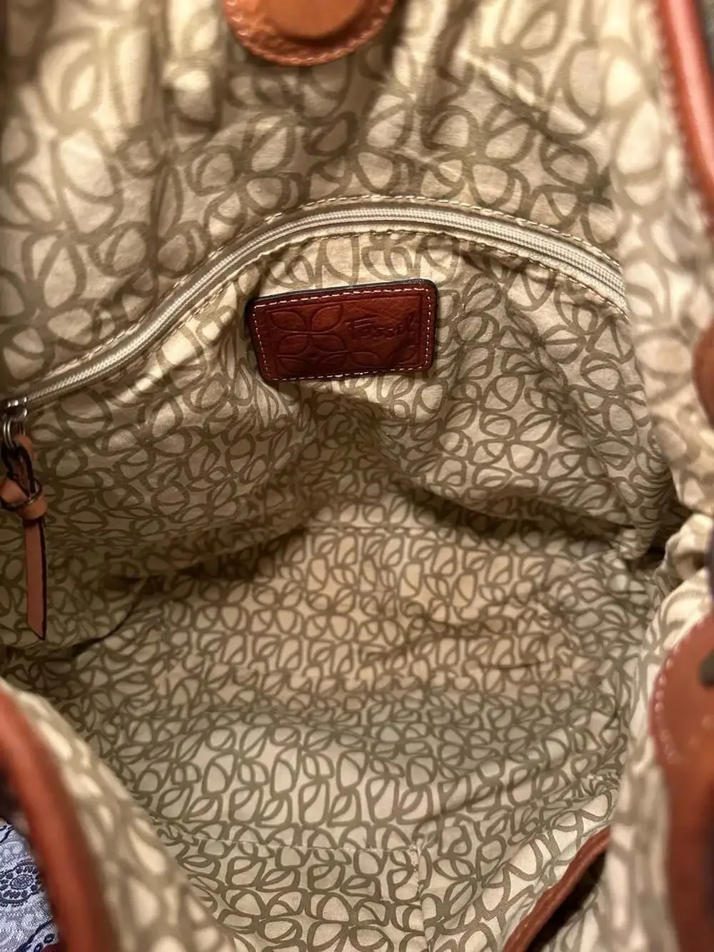 Fossil Brown Leather Hobo Shoulder Bag with Embossed Floral and Textured Details